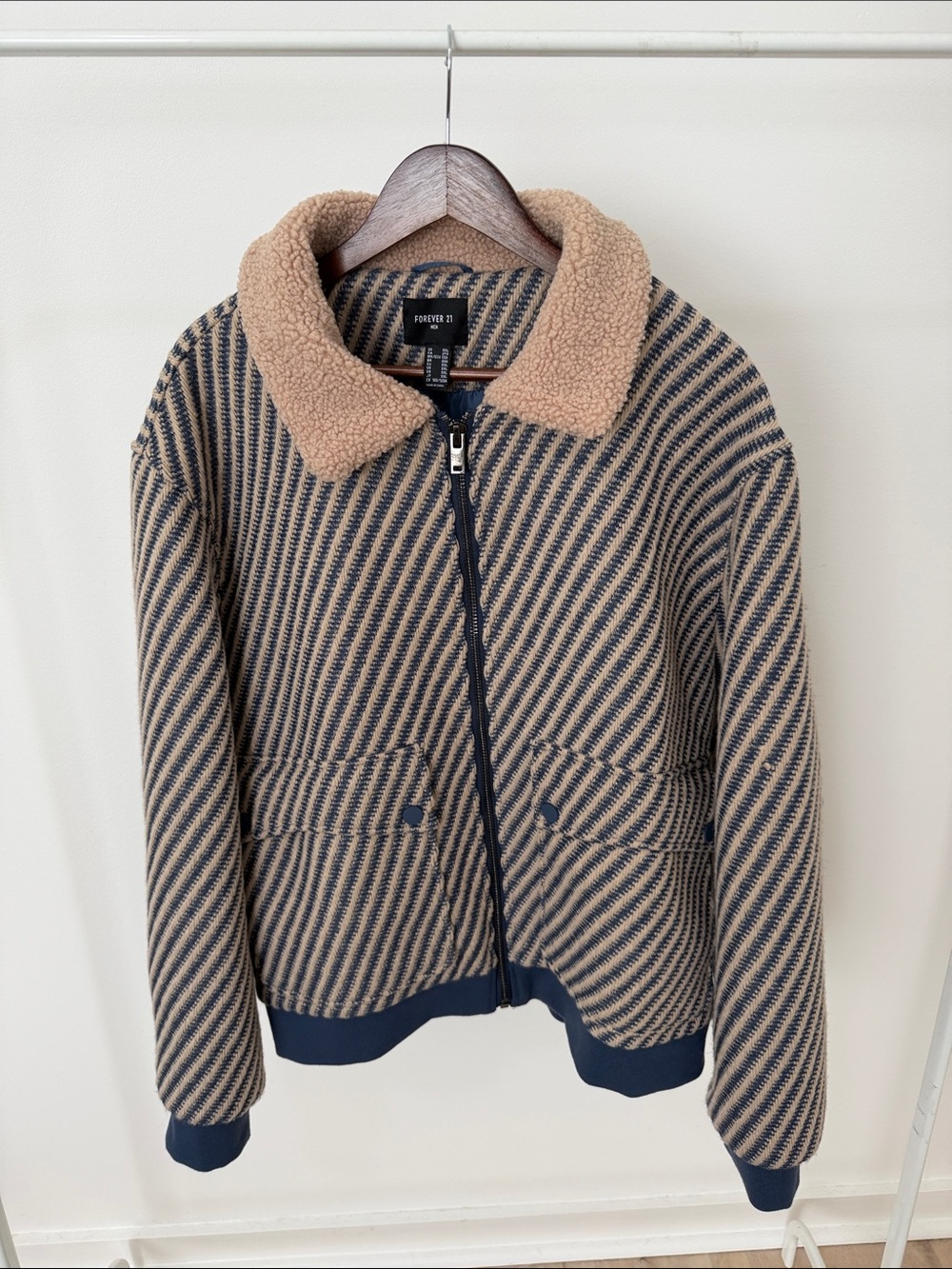 Forever 21 Navy & Camel Striped Sherpa-Collar Bomber